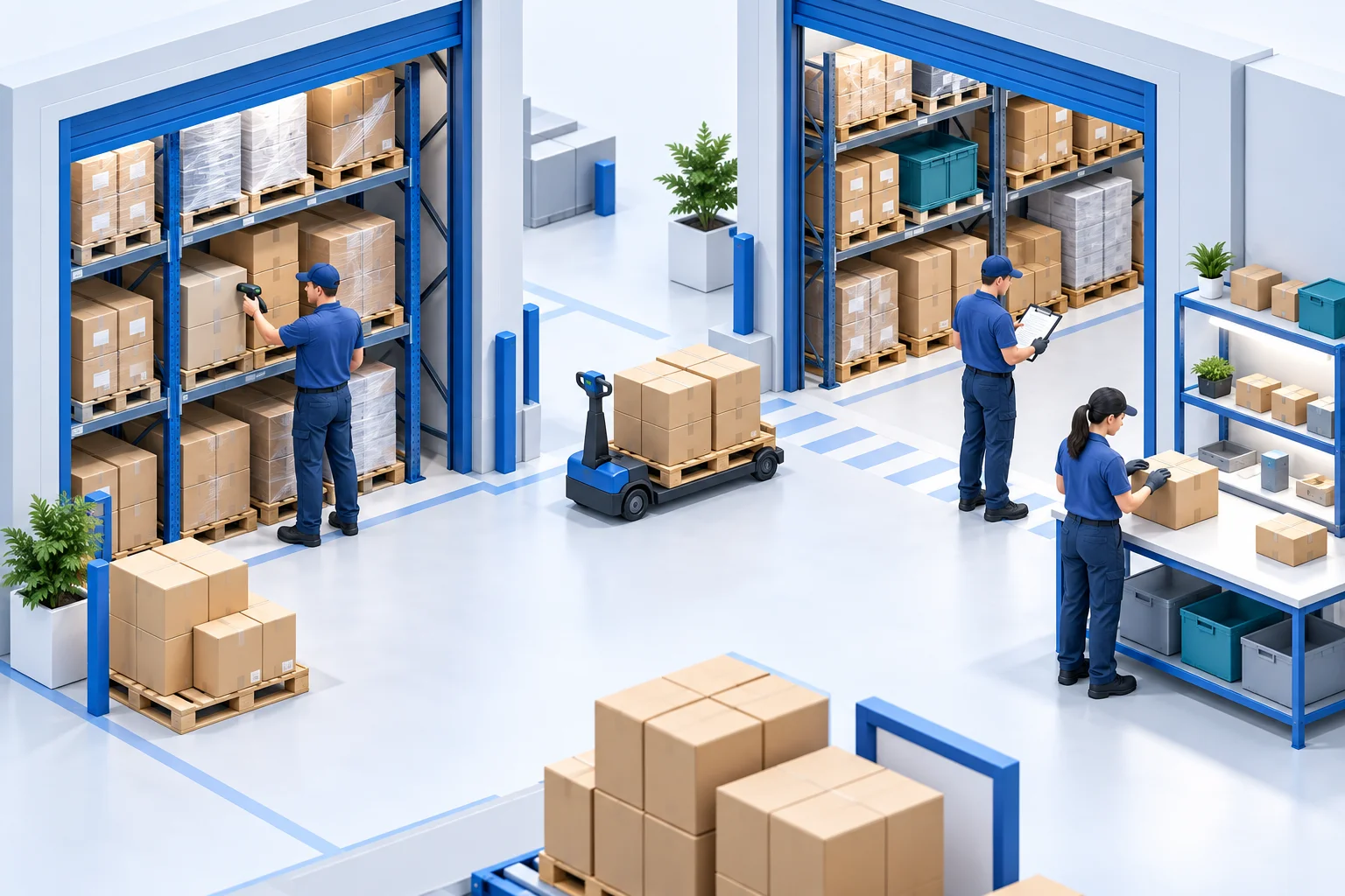 Warehouse staff scanning stock, transferring cartons between storage areas and checking a physical count.