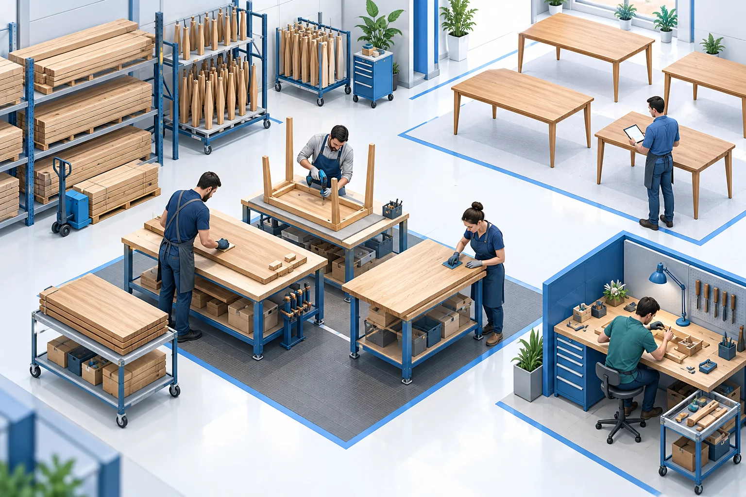 Furniture workshop connecting material storage, table assembly, inspection and rework.