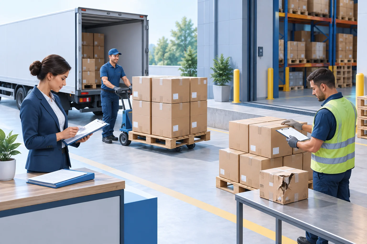 Buyer reviewing a supplier order while receiving staff count delivered cartons and inspect damaged goods.