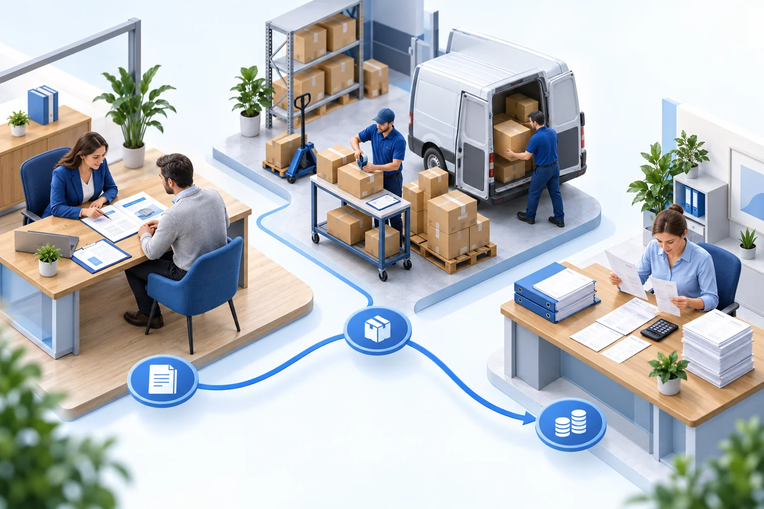 Sales advisor reviewing a customer order, warehouse staff preparing delivery, and finance matching invoice and receipt records.